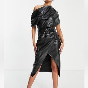 NEW ASOS design tall black asymmetric PU leather dress